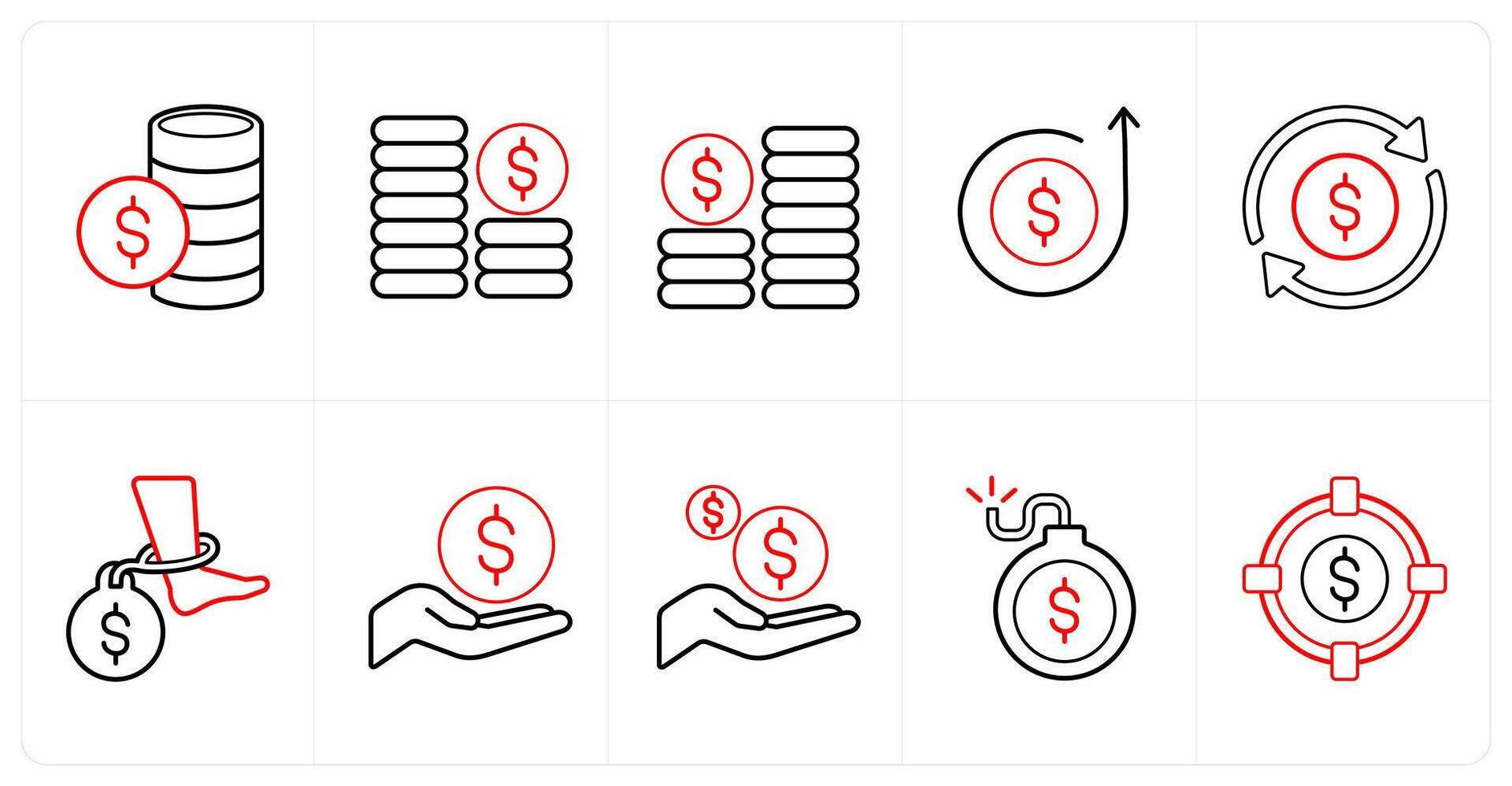 A set of 10 finance icons as funds, investment, growth in red line color vector