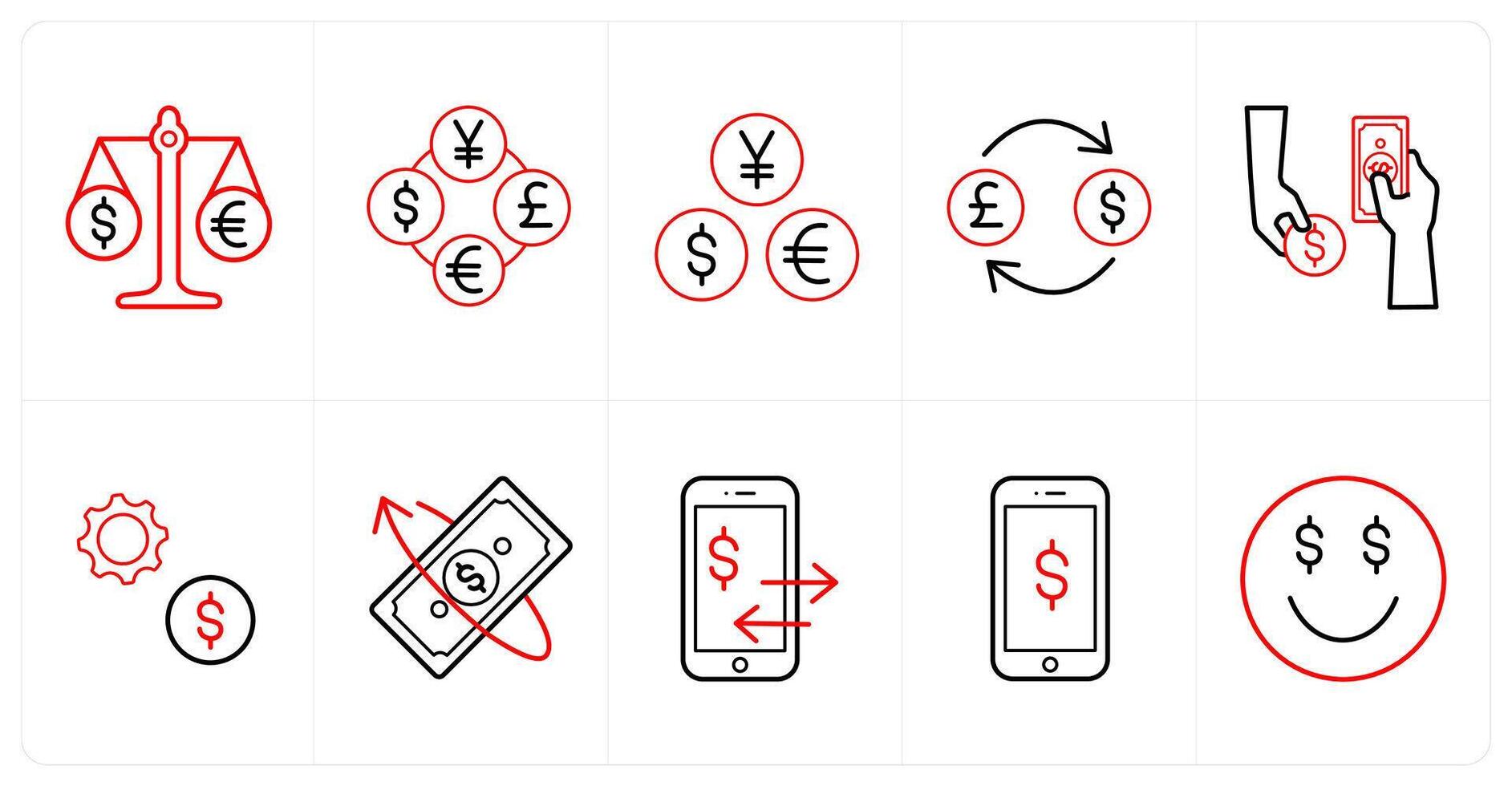 A set of 10 finance icons as currency exchange, currency, money conversion in red line color vector