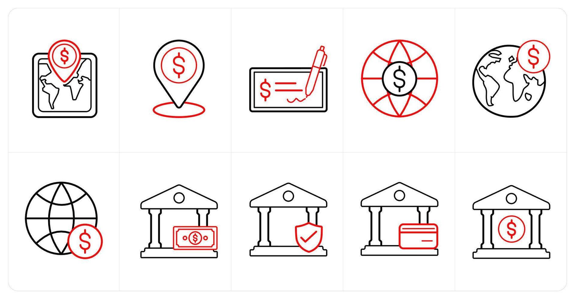 A set of 10 finance icons as bank location, signed cheque, world bank in red line color vector