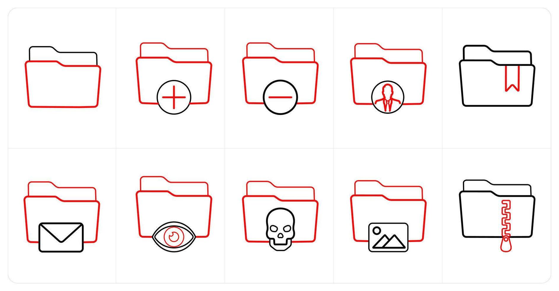 A set of 10 Folder icons as folder, add folder, minus folder in red line color vector