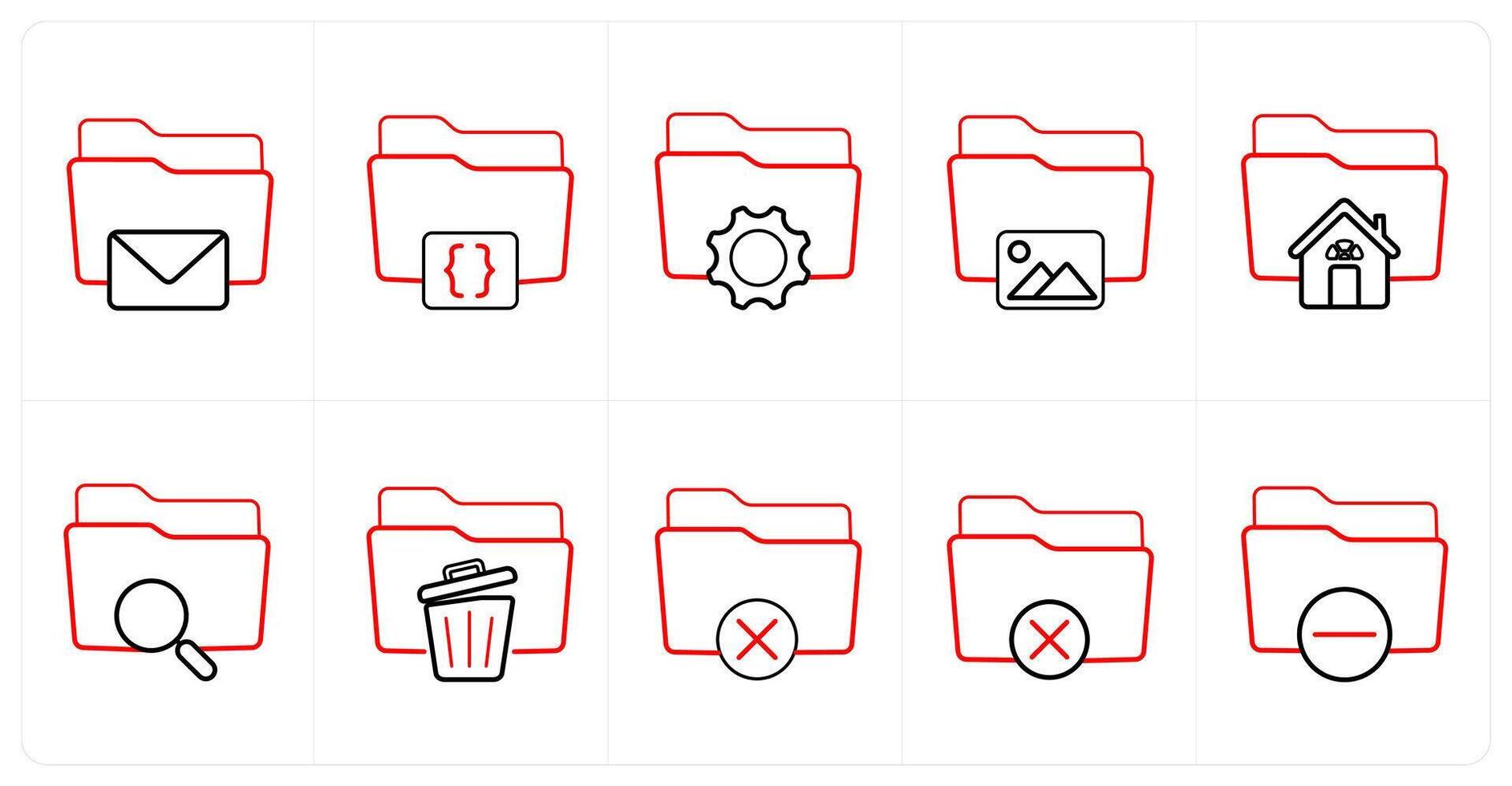 A set of 10 Folder icons as email folder, folder code, folder settings in red line color vector