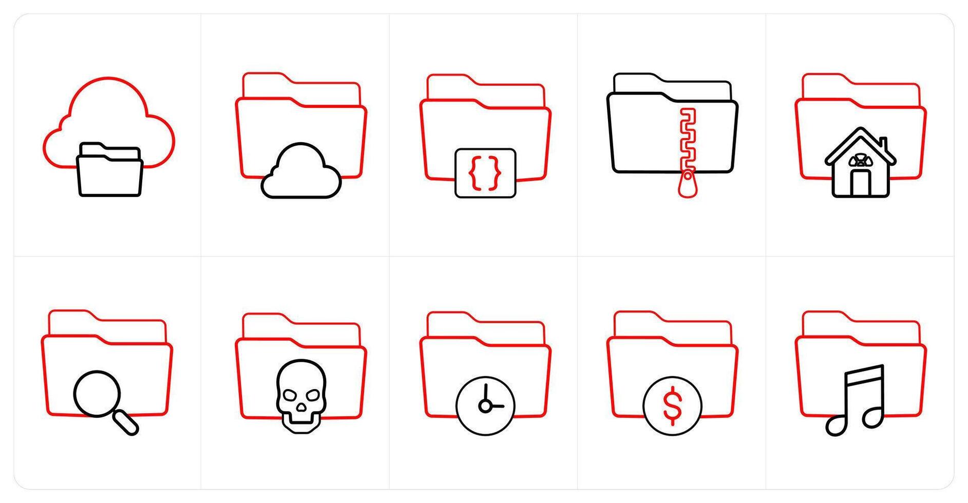A set of 10 Folder icons as cloud sharing, cloud folder, folder code in red line color vector