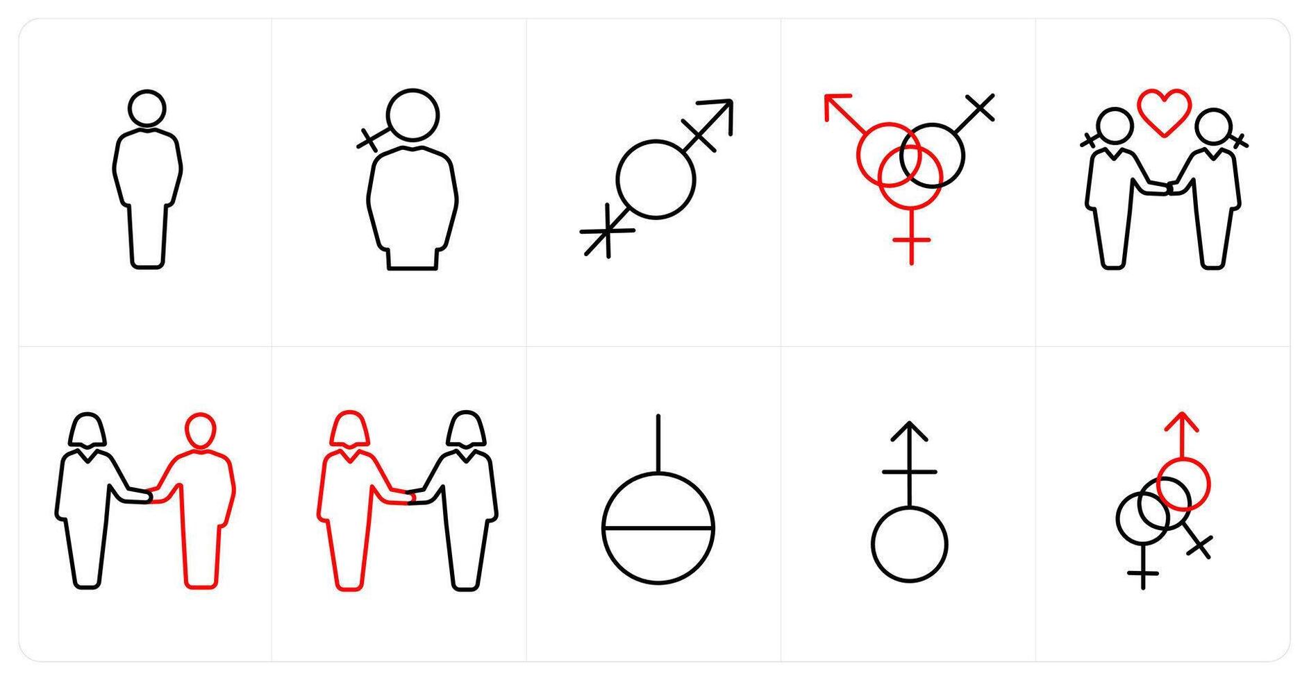 A set of 10 gender icons as Symbol, bisexual in red line color vector
