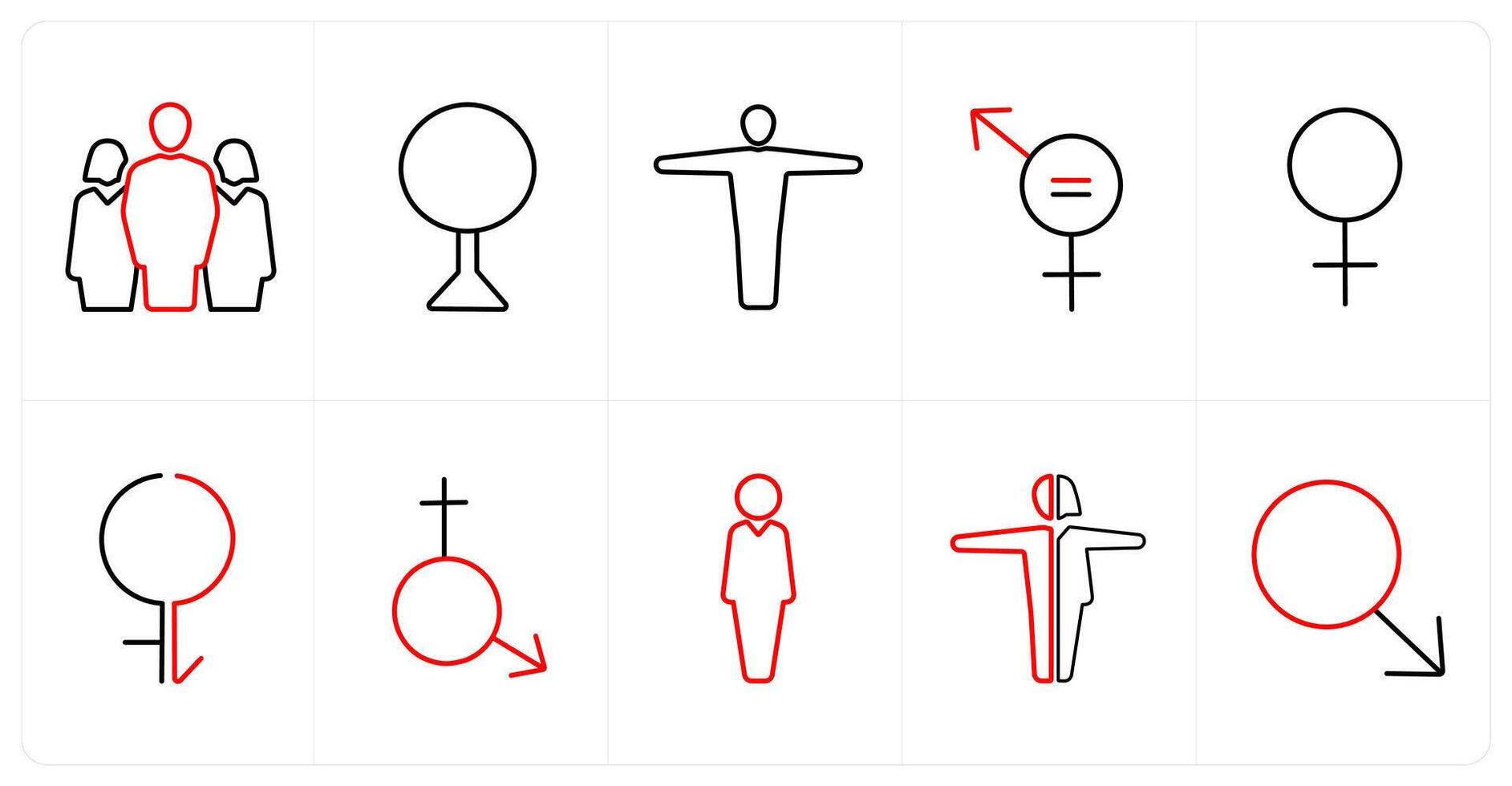 A set of 10 gender icons as pride, bisexual in red line color vector