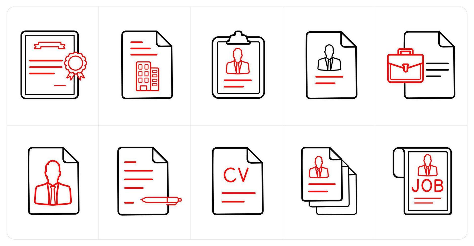 A set of 10 Human Resources icons as joining letter, office document, employee details in red line color vector