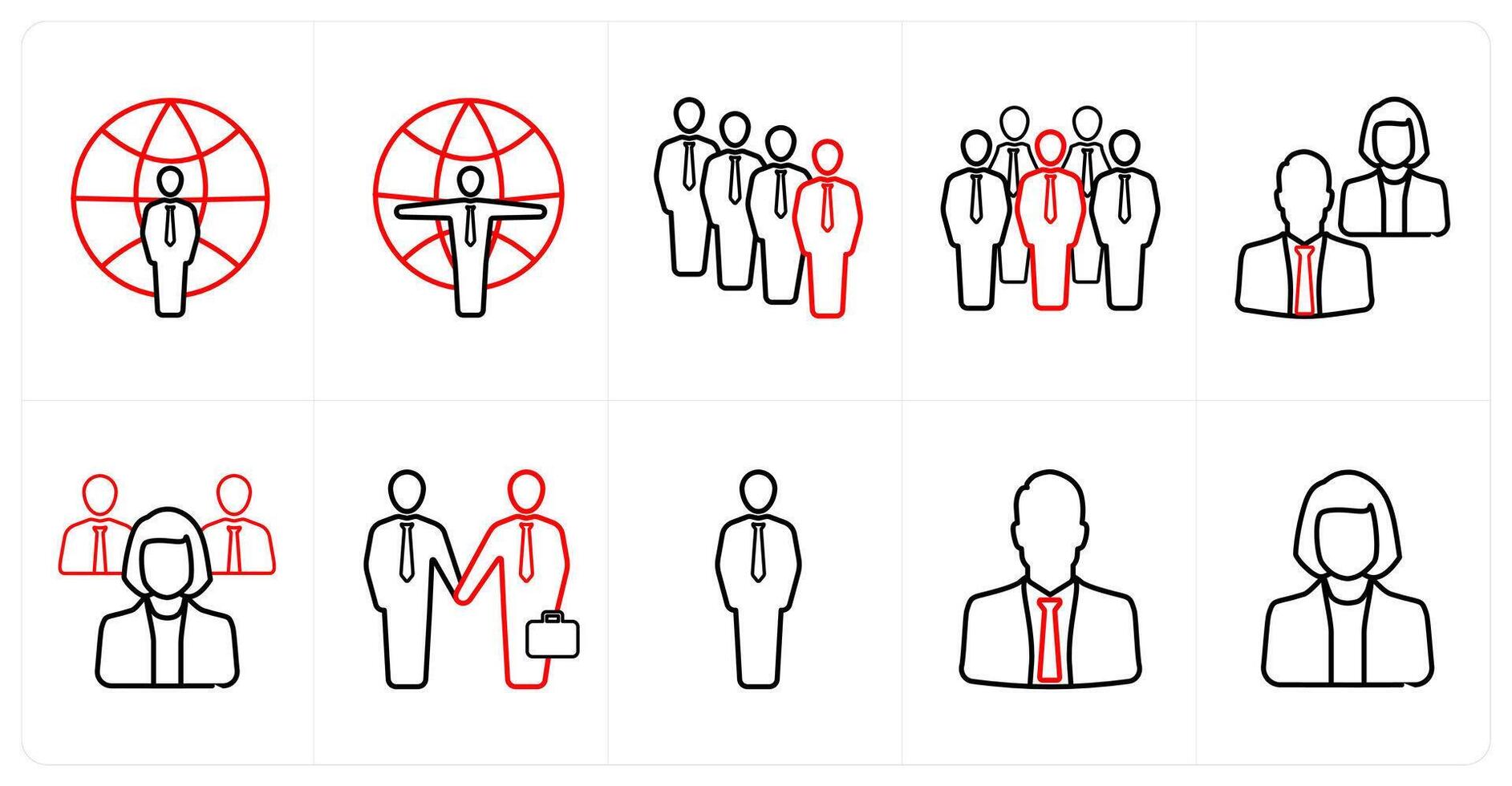 A set of 10 Human Resources icons as global business, team, business people in red line color vector