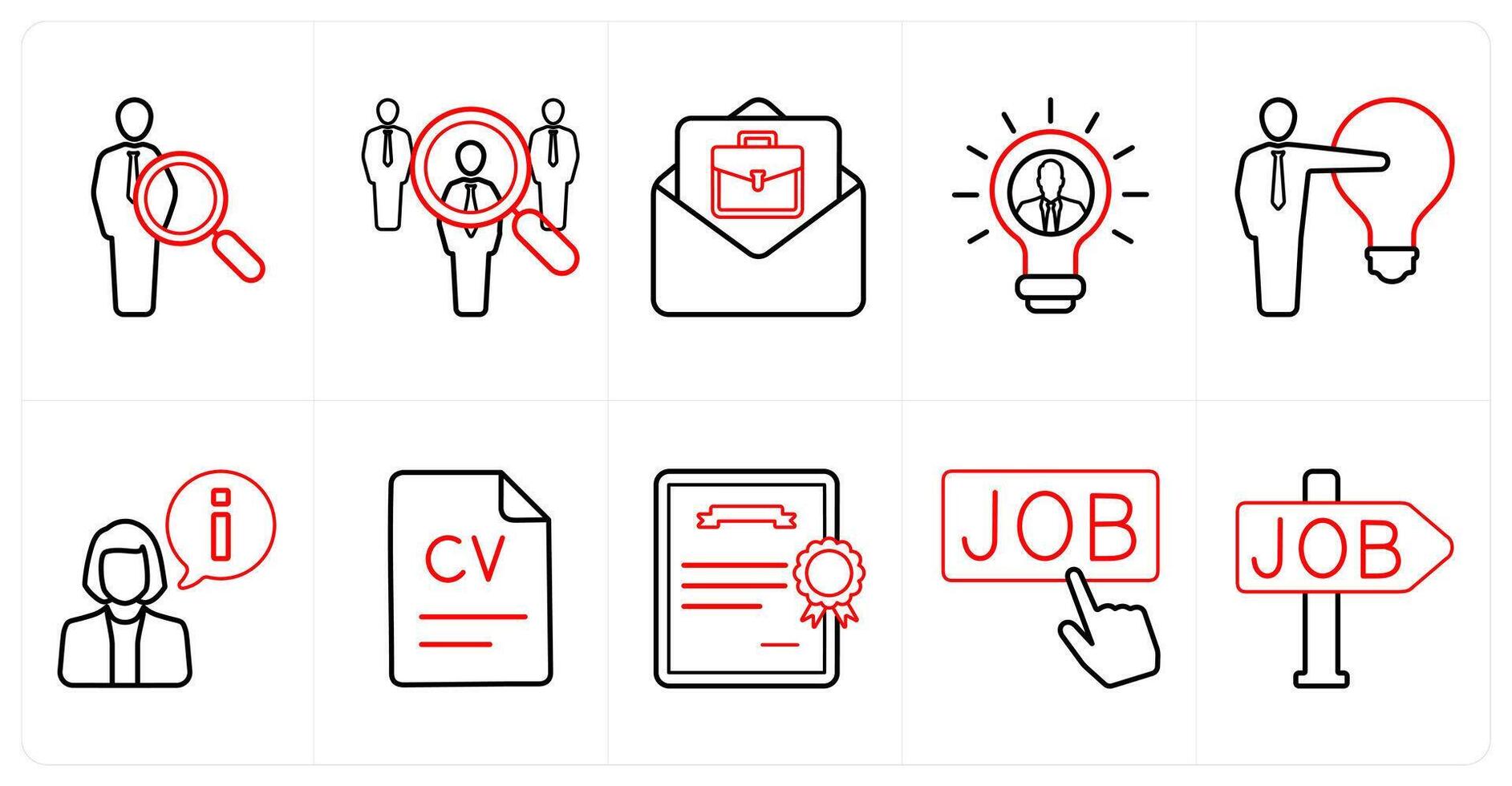 A set of 10 Human Resources icons as search employee, job hunt, job offer in red line color vector
