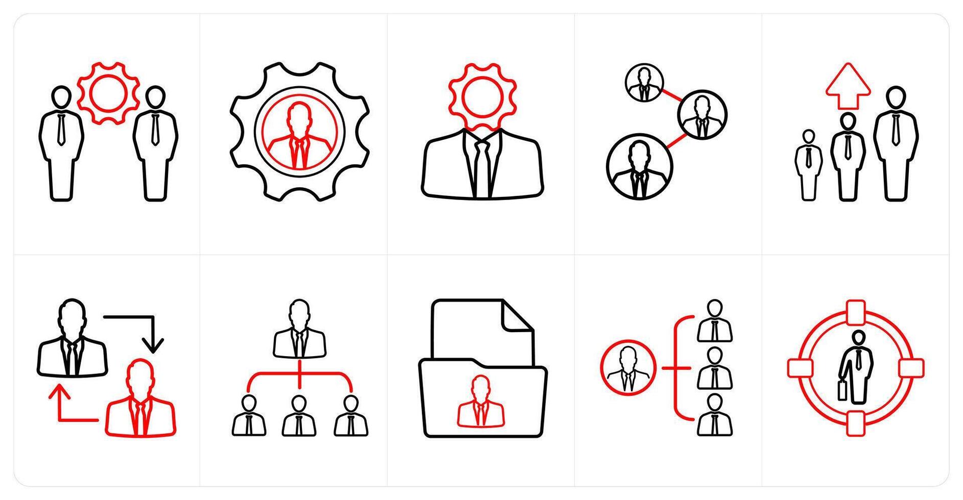 A set of 10 Human Resources icons as management, specialist, business support in red line color vector