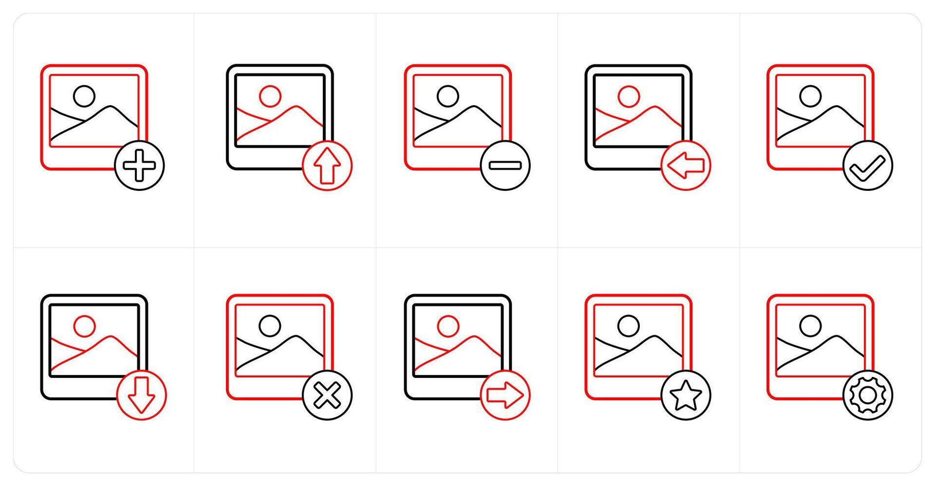 A set of 10 image icons as add image, upload image, remove image in red line color vector