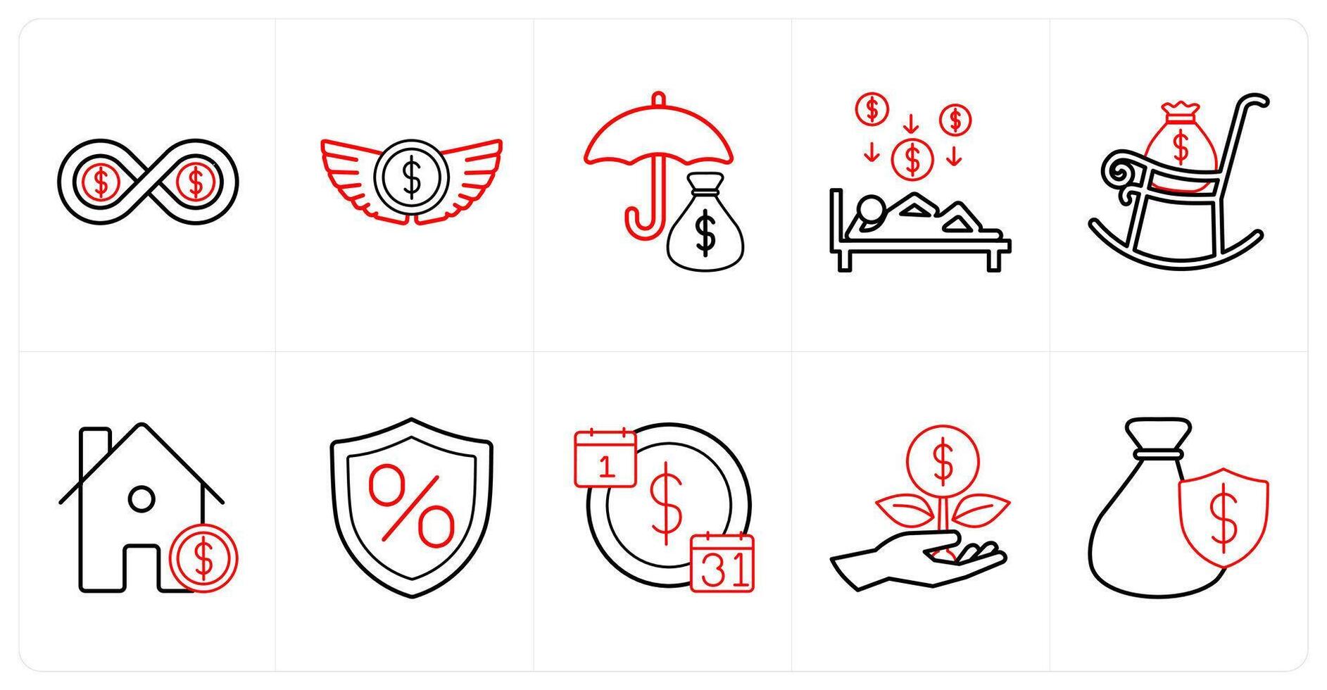 A set of 10 insurance icons as insurance, investment insurance, passive income in red line color vector