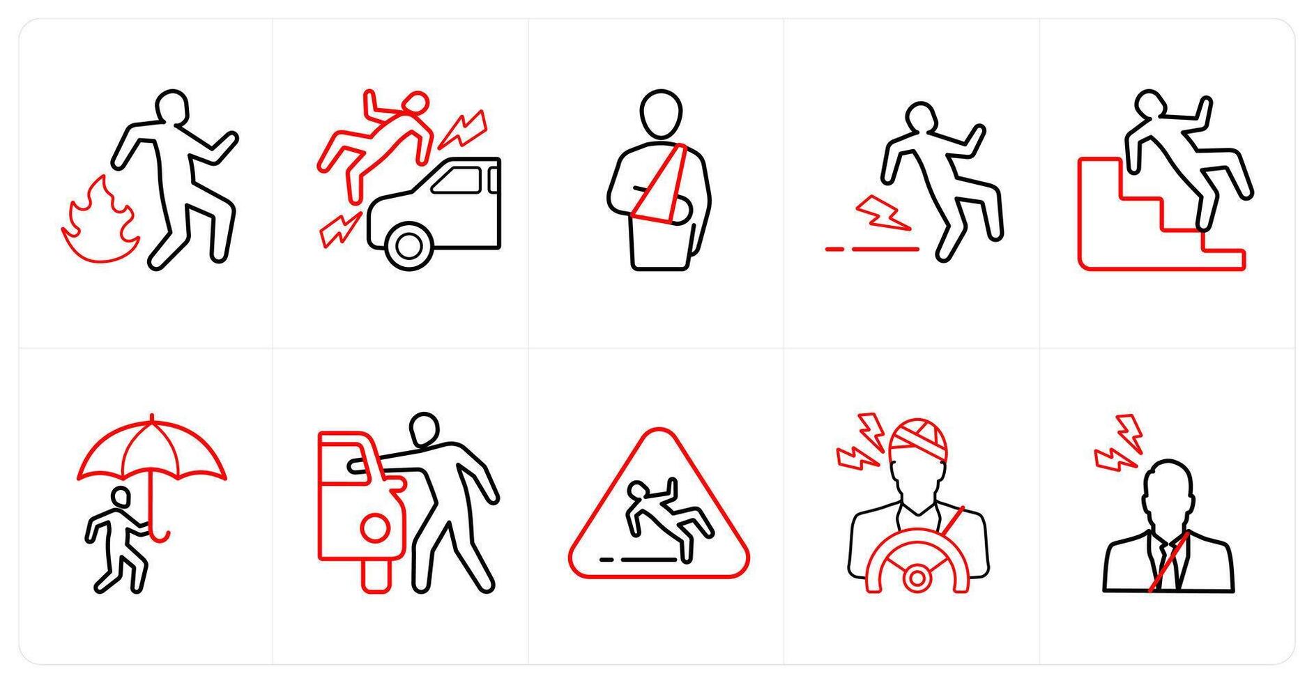 A set of 10 Insurance icons as fire insurance, accident injury, insurance cover in red line color vector