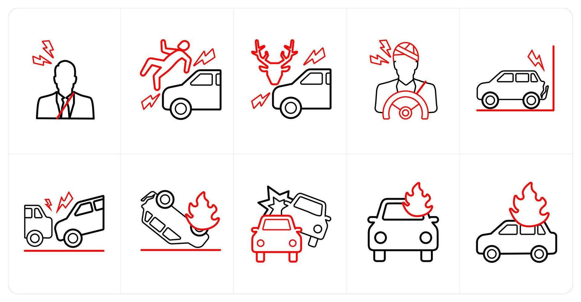 A set of 10 Insurance icons as driver insurance, accident injury, accidental animal in red line color vector