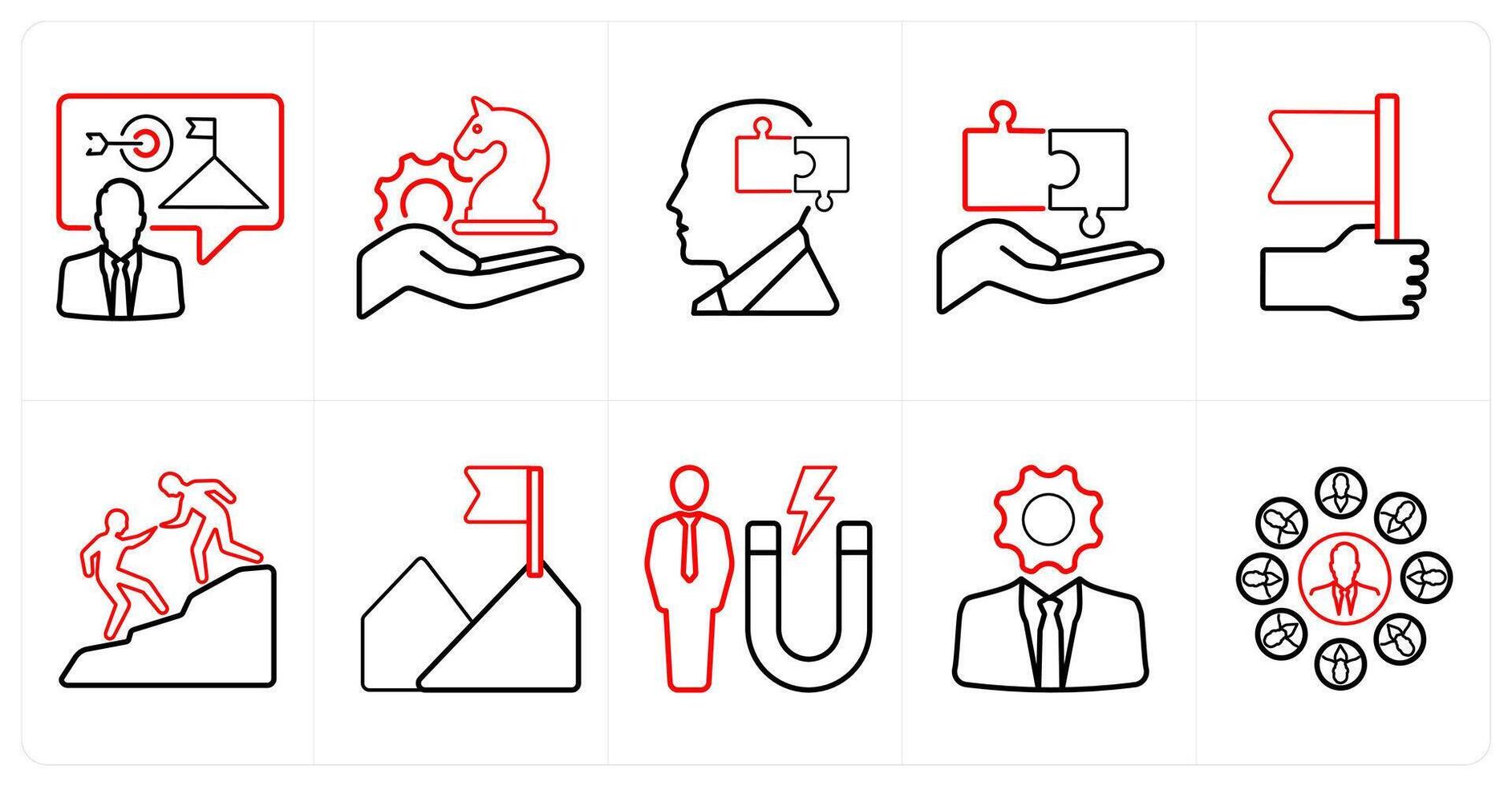 A set of 10 Leadership icons as goal, strategy, solution, management in red line color vector