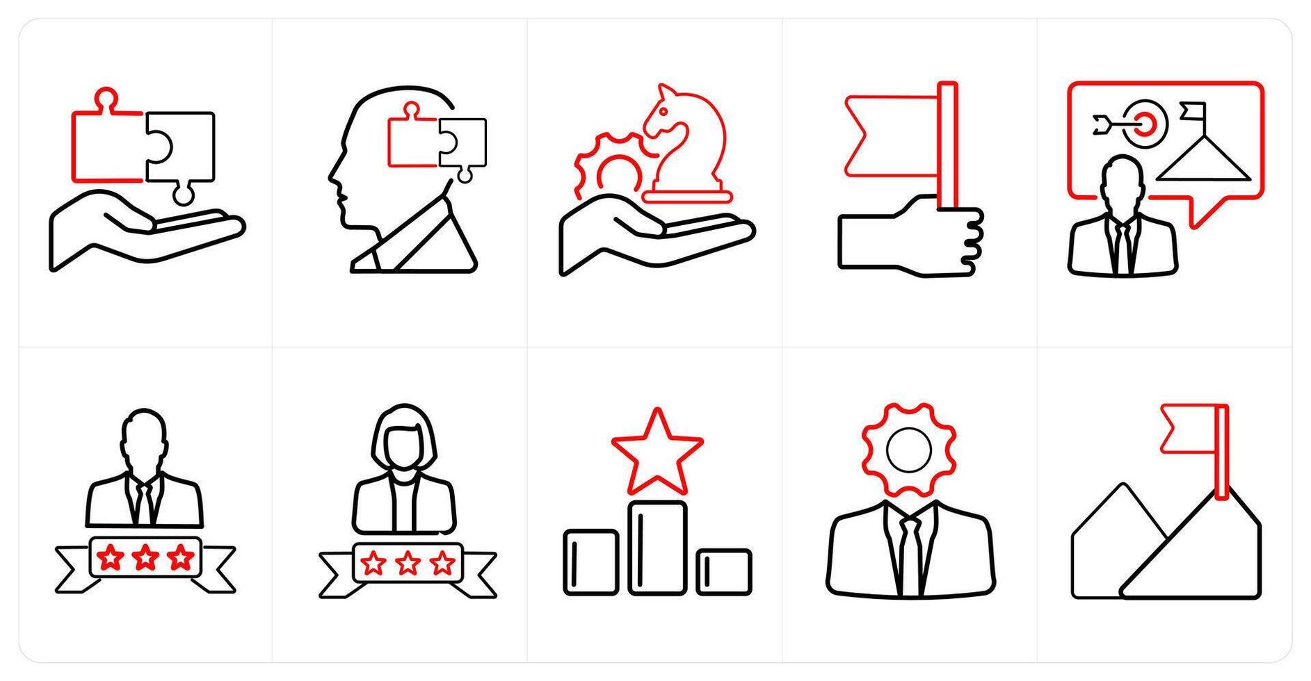 A set of 10 Leadership icons as management, solution, strategy in red line color vector