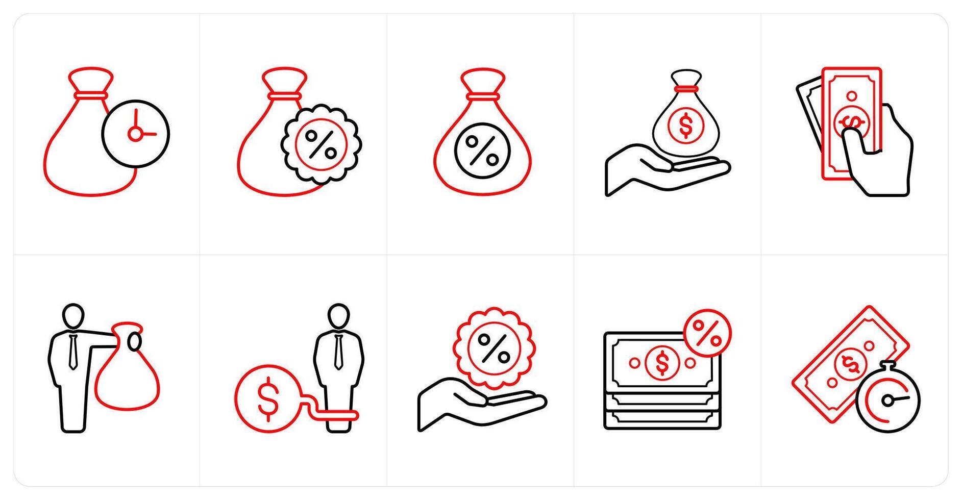 A set of 10 Loan and Debt icons as loan duration, loan rate, loan interest rate in red line color vector