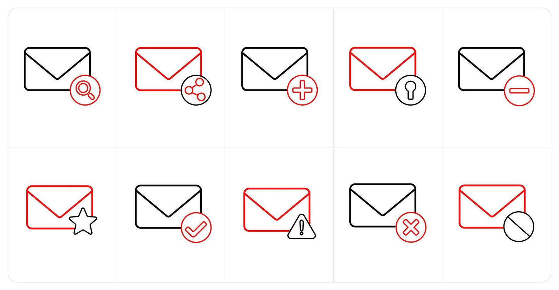 A set of 10 mail icons as search message, share mail, add message in red line color vector