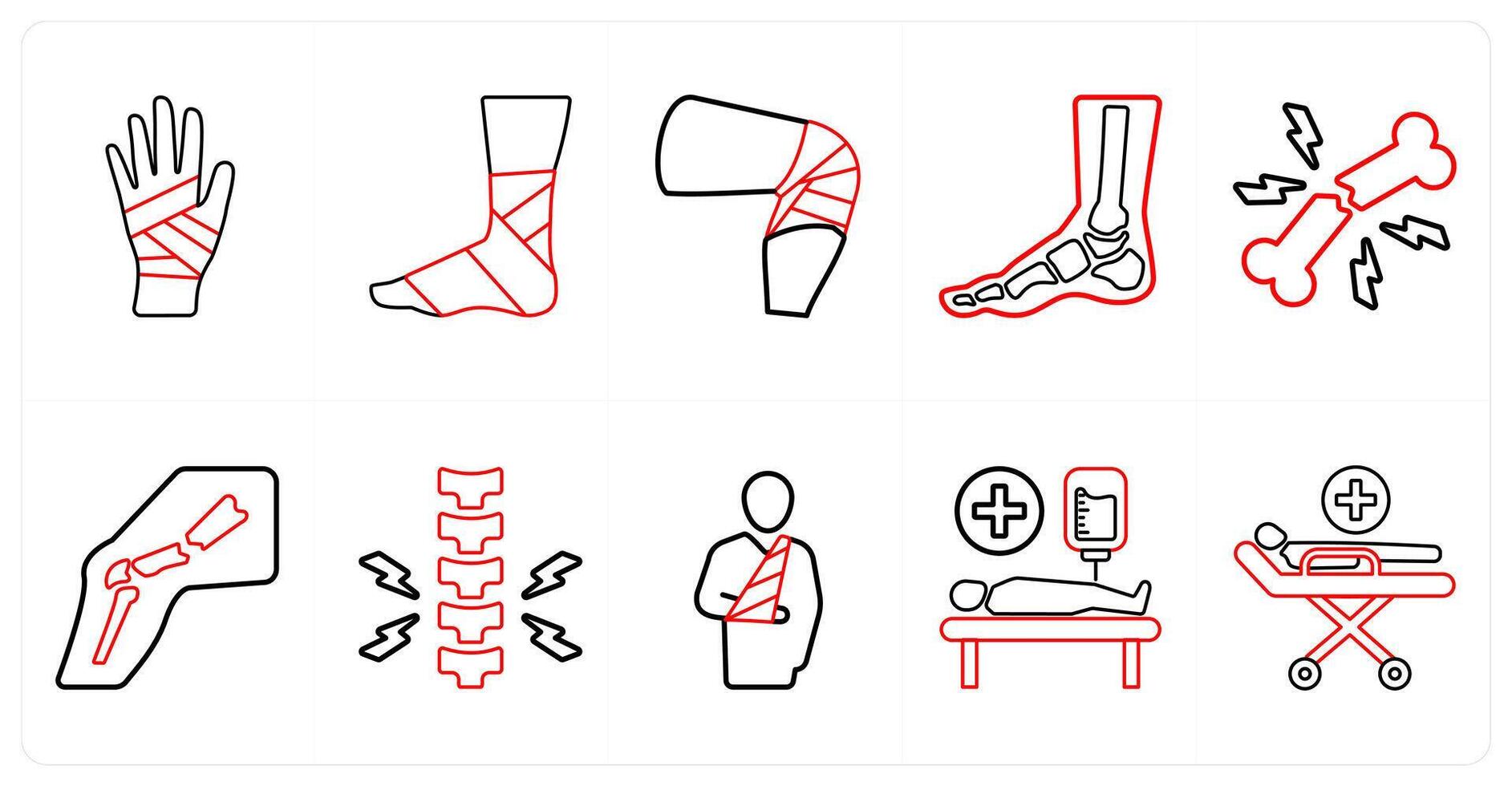 A set of 10 medical icons as hand fracture, leg fracture, knee fracture in red line color vector