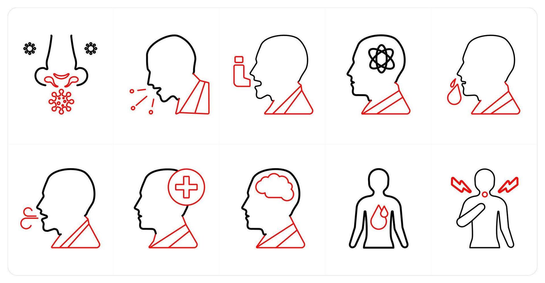 A set of 10 medical icons as allergy, cough, asthma in red line color vector