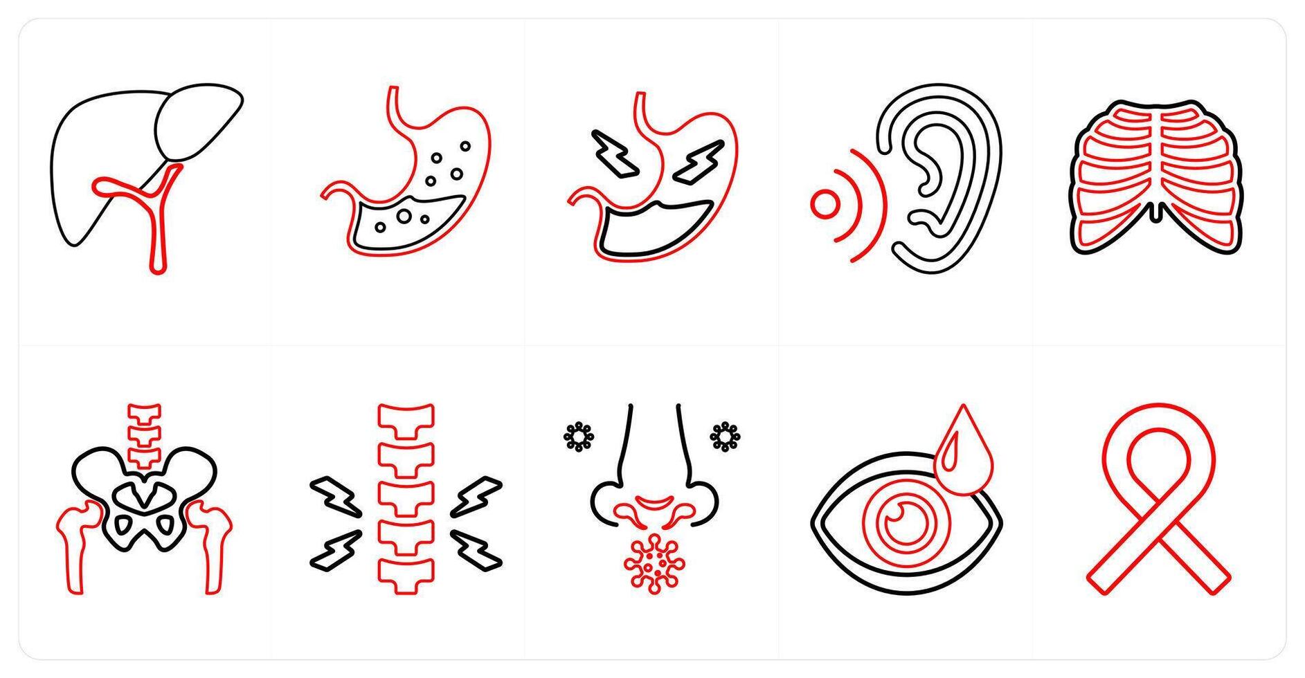 A set of 10 medical icons as hepatology, gastroenterology, stomach pain in red line color vector