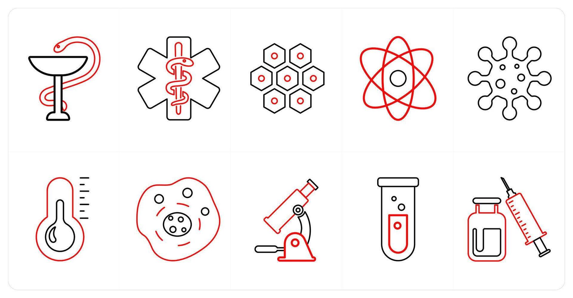 A set of 10 medical icons as pharmacy sign, caduceus, cell, atom in red line color vector