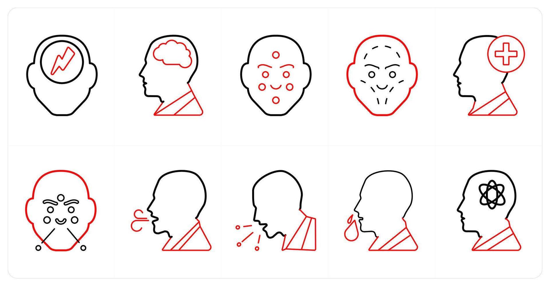 A set of 10 medical icons as headache, neurology, dermatology in red line color vector