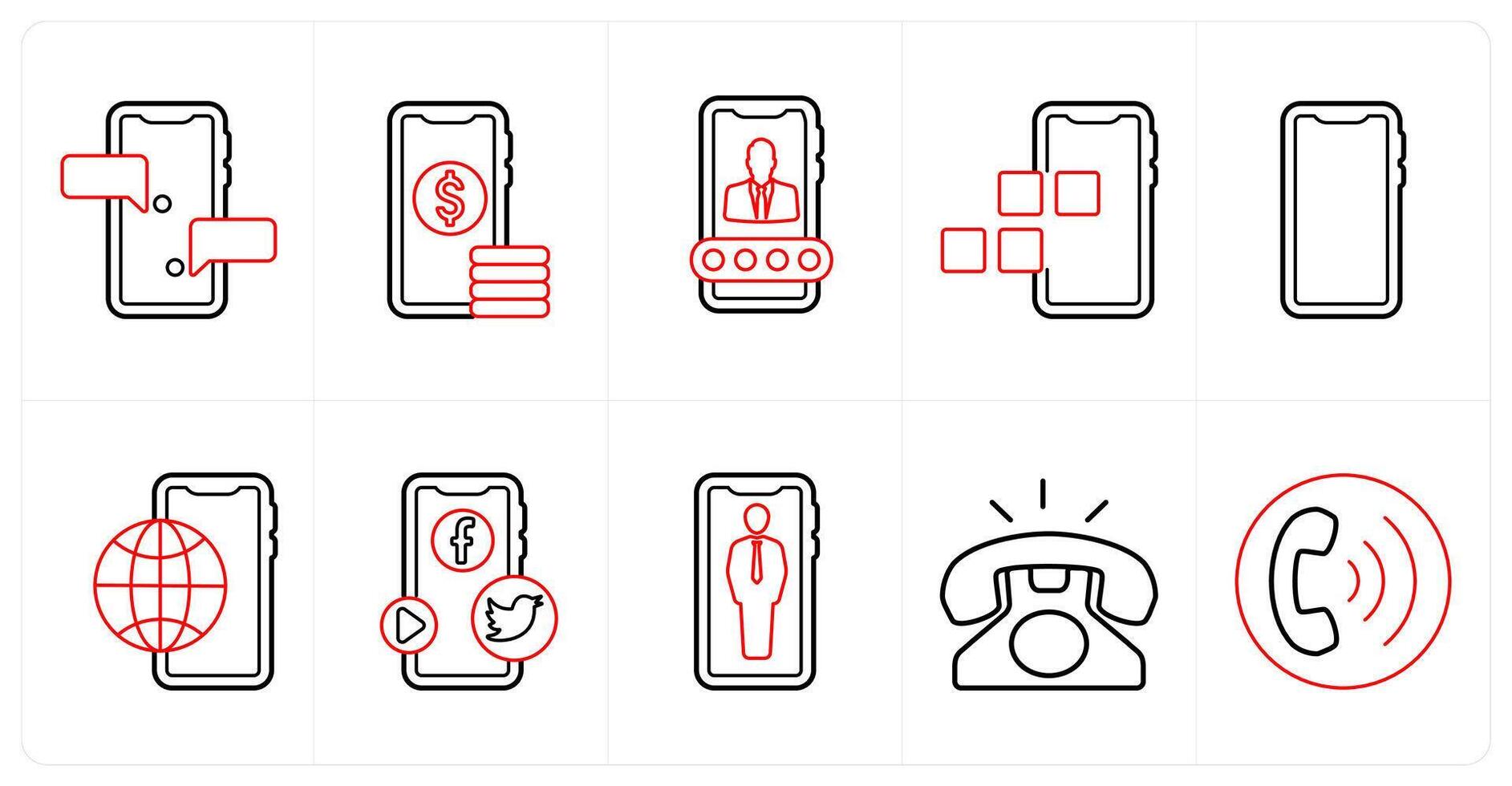 A set of 10 mix icons as mobile sms, digital money, user account in red line color vector