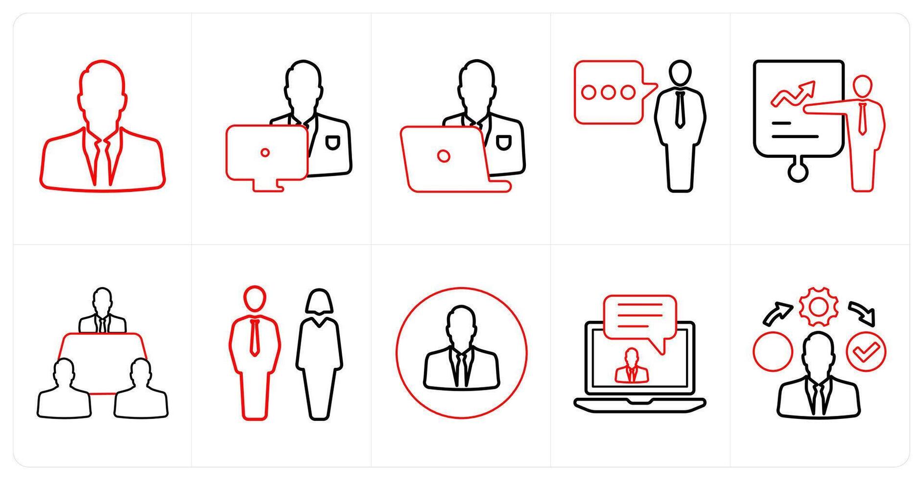 A set of 10 mix icons as man, working man, busy man in red line color vector