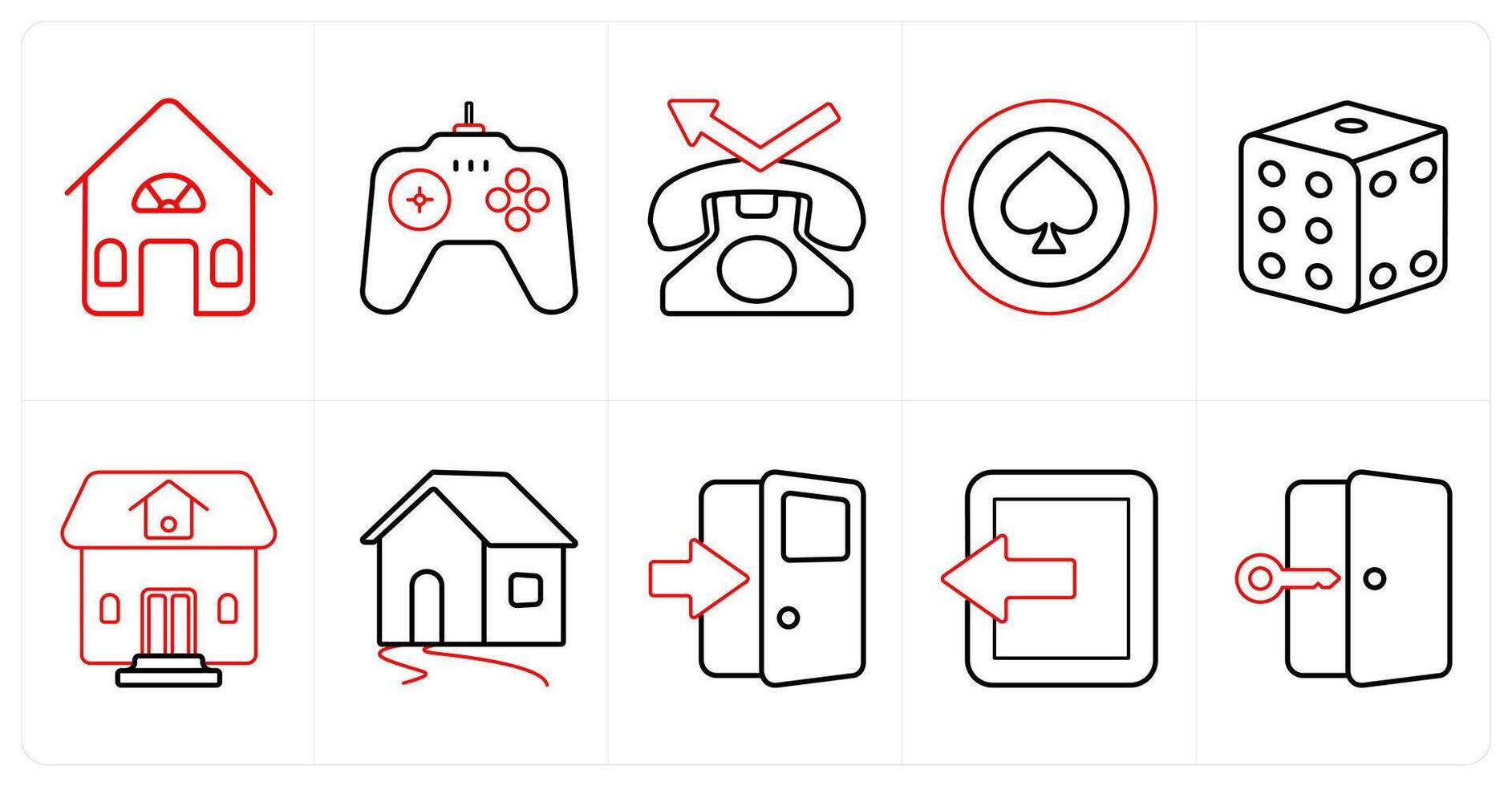 A set of 10 mix icons as house, game, contact in red line color vector