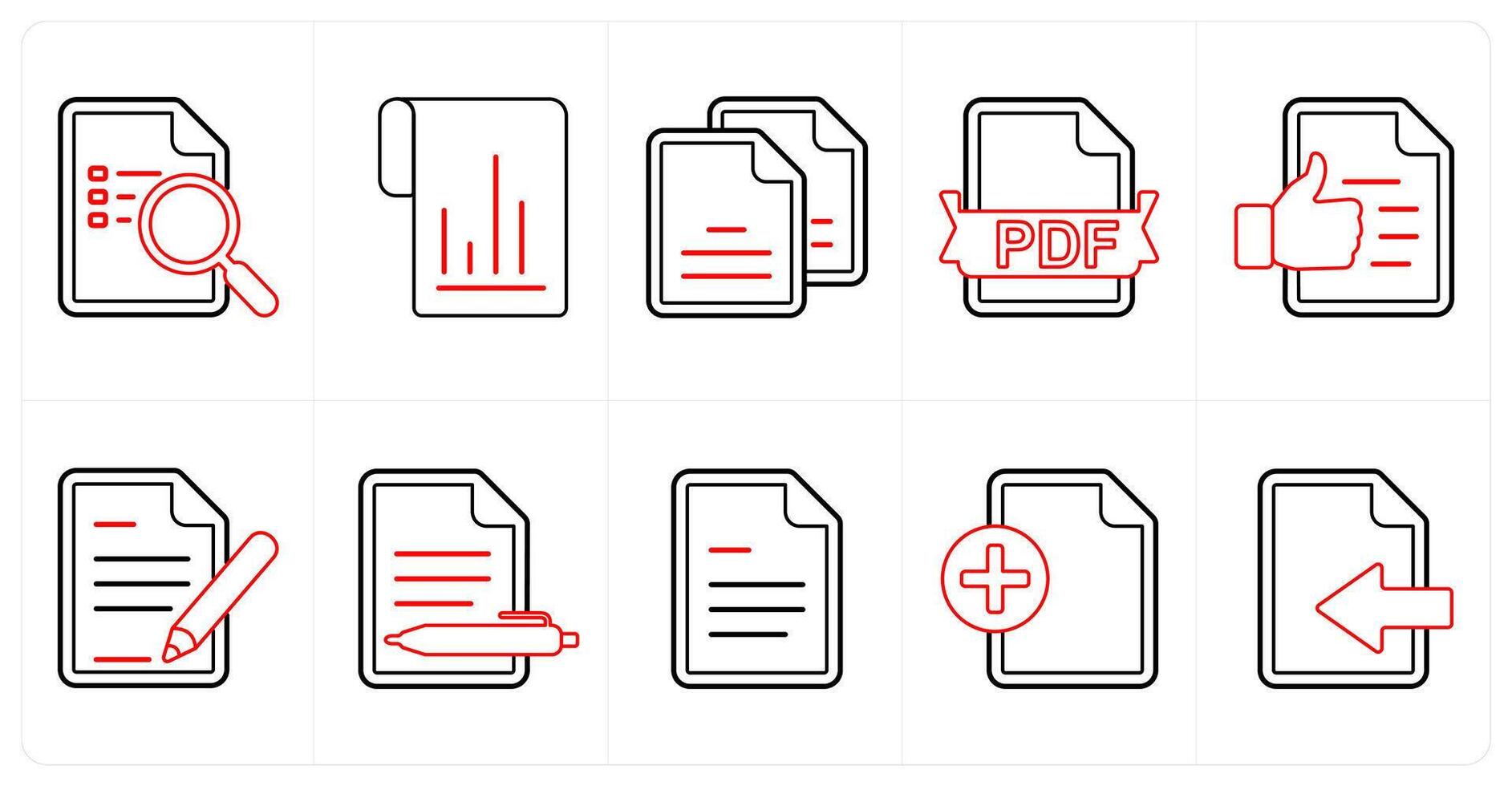 A set of 10 mix icons as search document, flow chart, duplicate copy in red line color vector