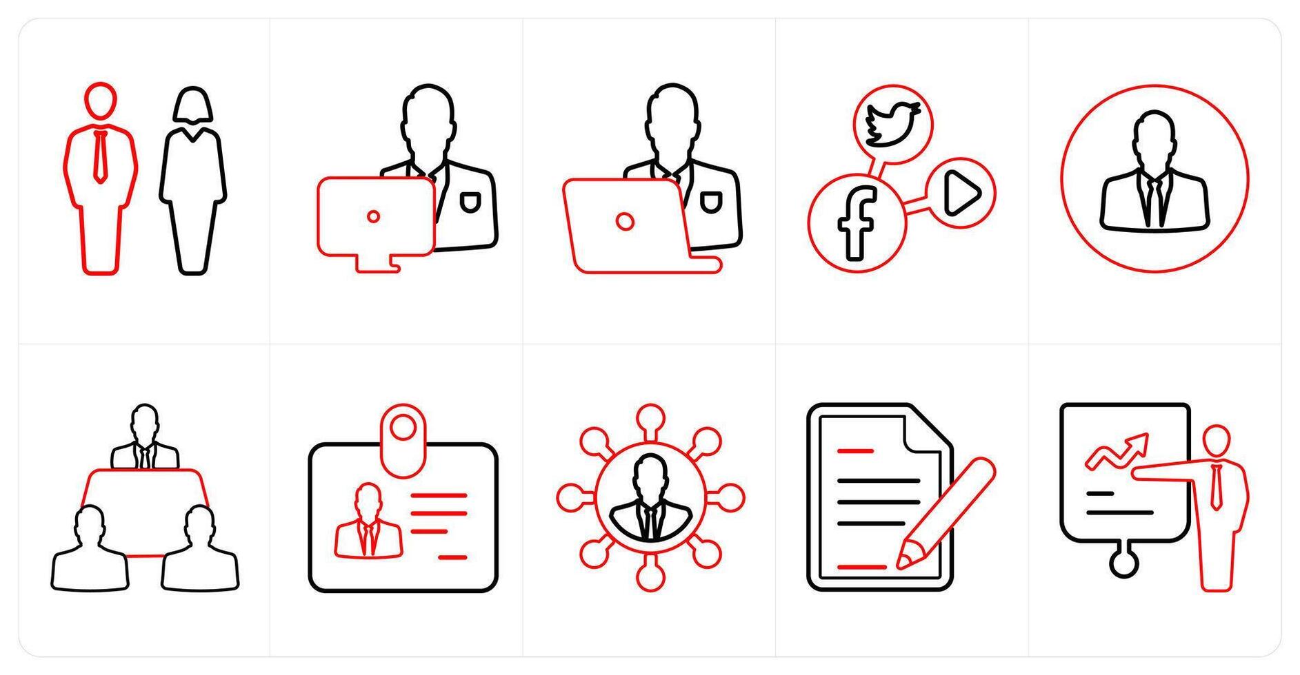 A set of 10 mix icons as man woman, working man, busy man in red line color vector