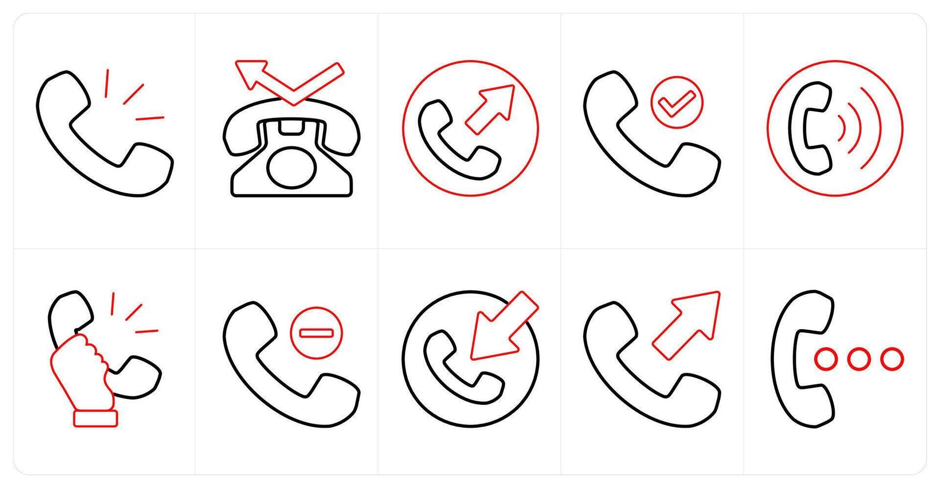 A set of 10 mix icons as calling, contact, call forward in red line color vector