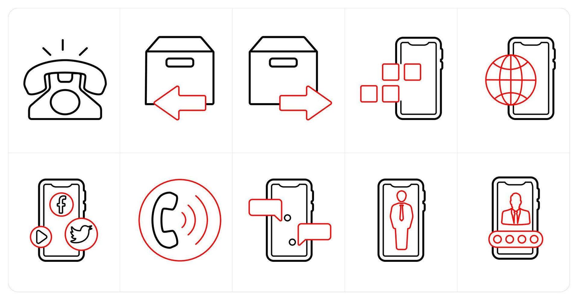 A set of 10 mix icons as landline telephone, returned parcel, forward parcel in red line color vector