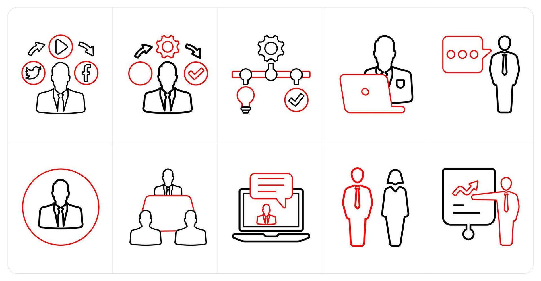 A set of 10 mix icons as social media, right management, solution management in red line color vector