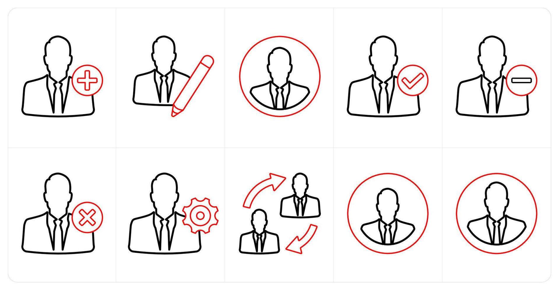 A set of 10 mix icons as add account, writer, businessman in red line color vector