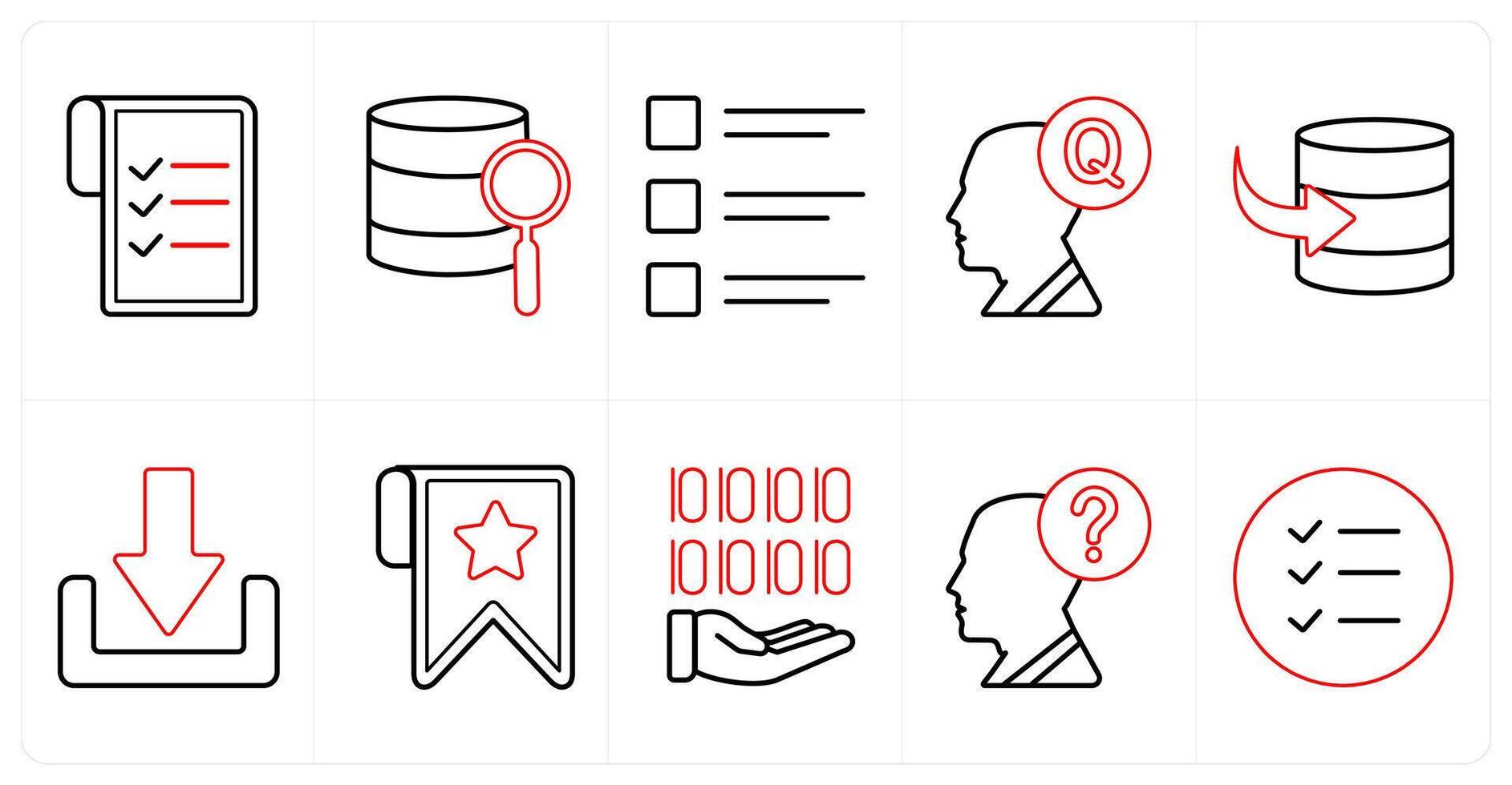 A set of 10 mix icons as data, search, list, question in red line color vector