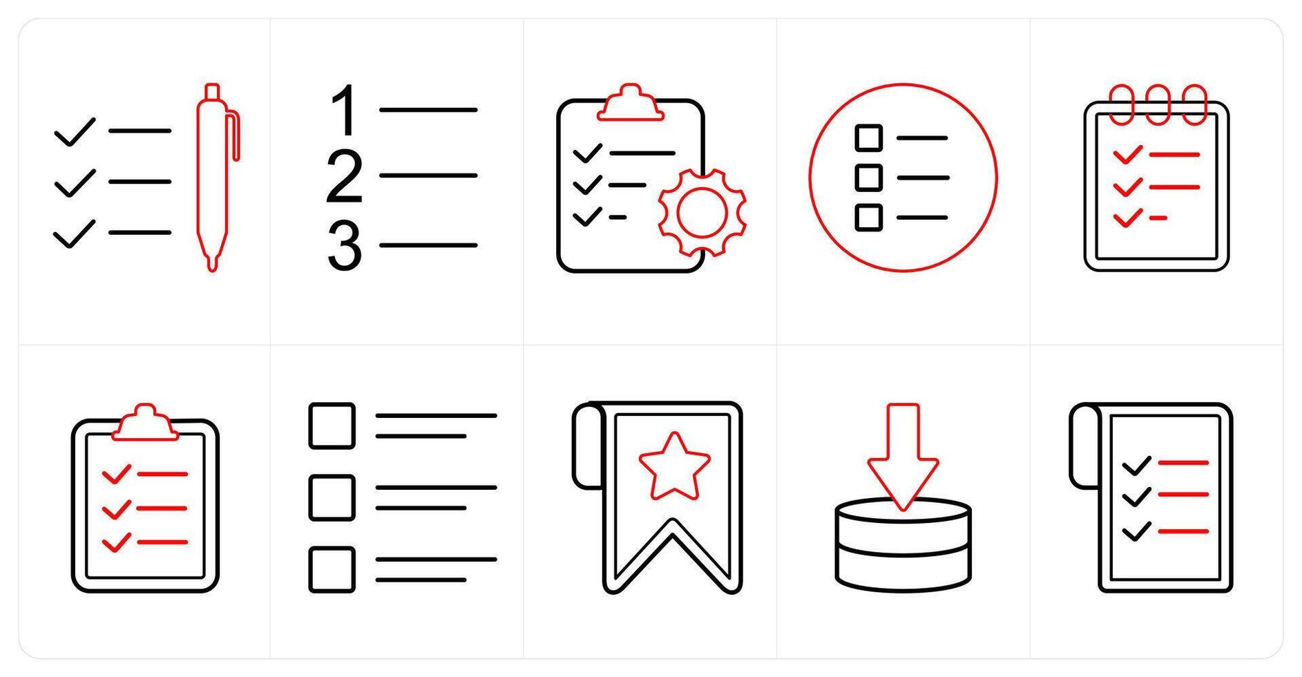 A set of 10 mix icons as list, number index clipboard in red line color vector