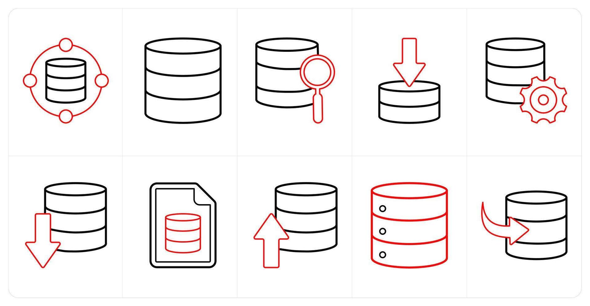A set of 10 mix icons as data, database server, search in red line color vector
