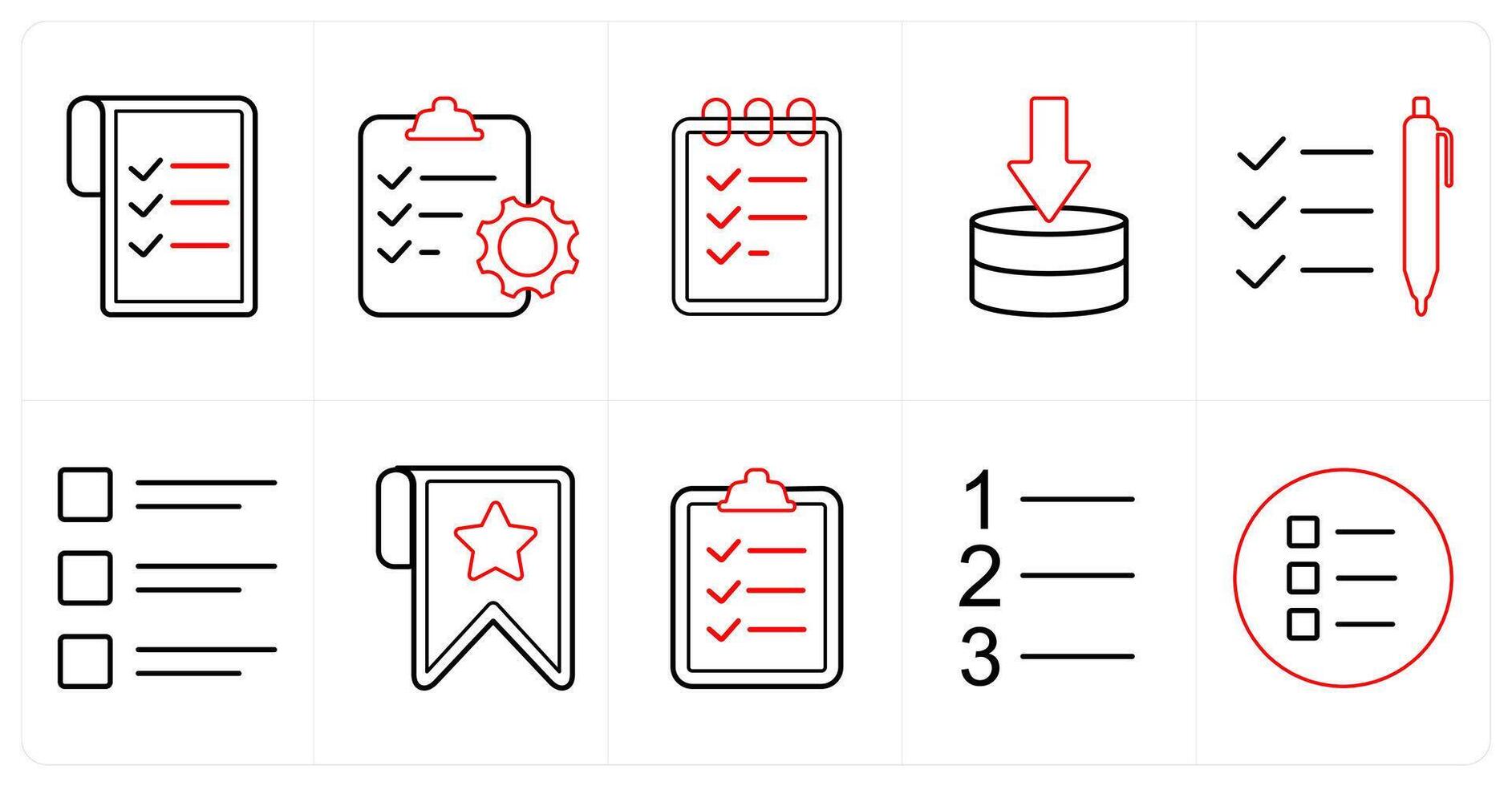 A set of 10 mix icons as data, clipboard, scheduler in red line color vector