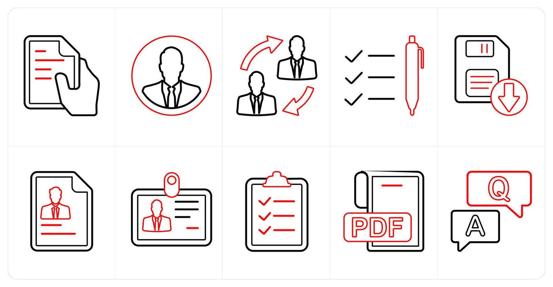 A set of 10 mix icons as text file, businessman, duties transfer in red line color vector