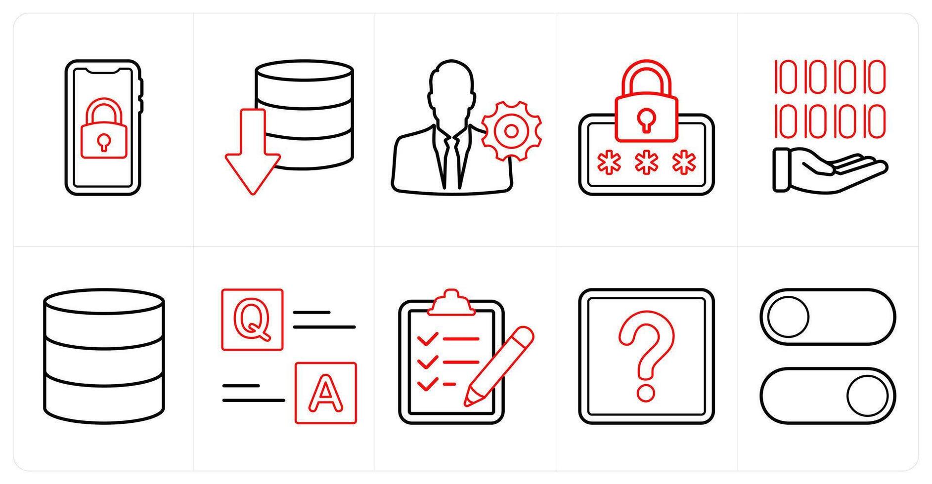 A set of 10 mix icons as mobile security, download server, management settings in red line color vector