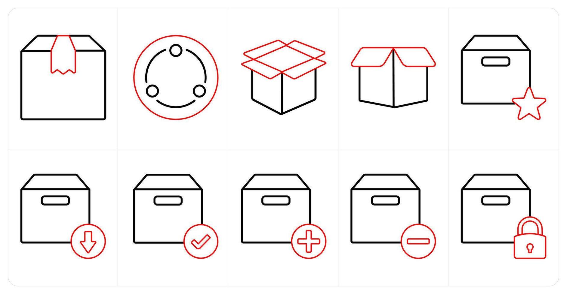 A set of 10 mix icons as parcel, network, box in red line color vector