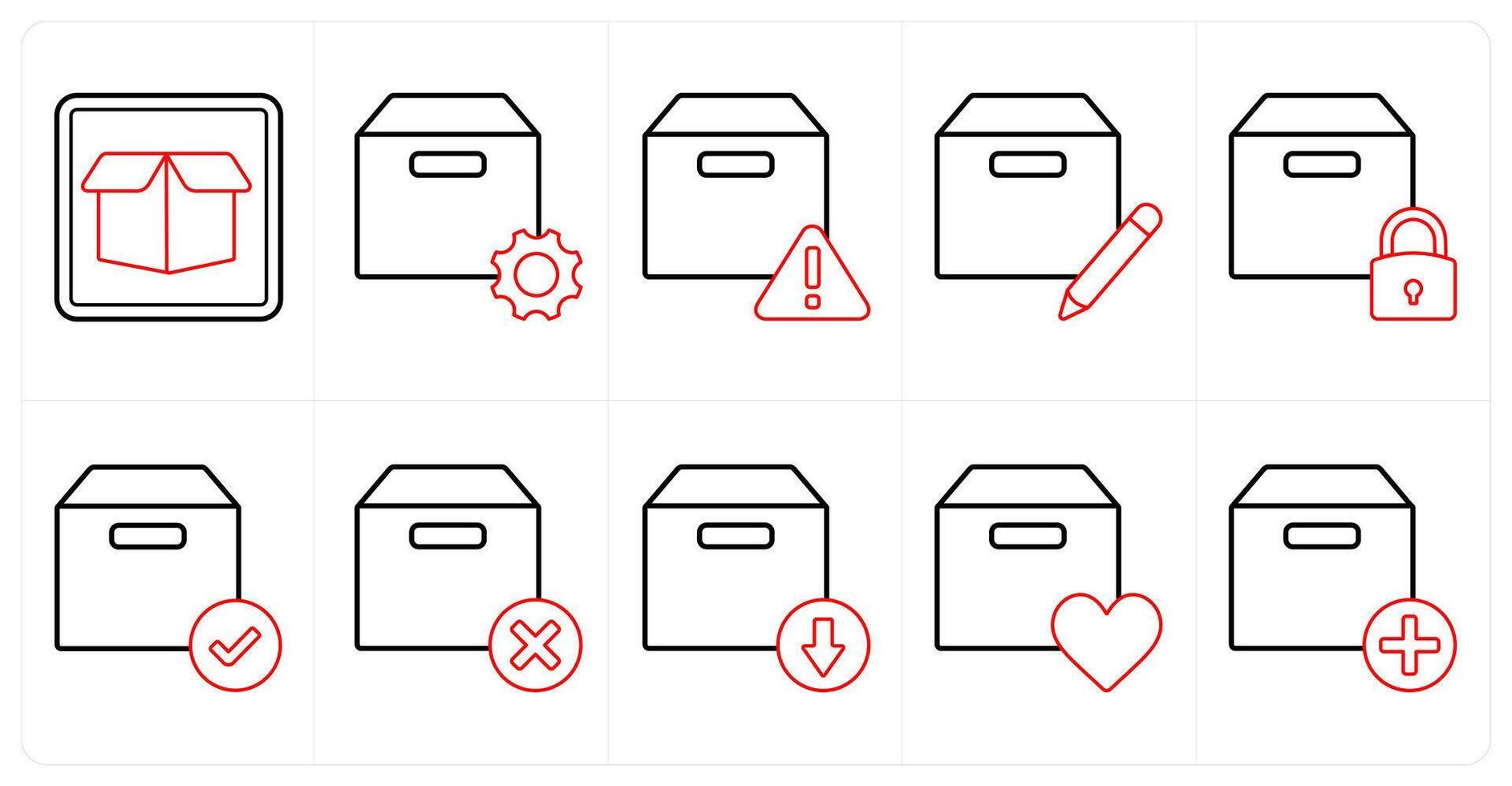 A set of 10 mix icons as drop box, box setting, box information in red line color vector