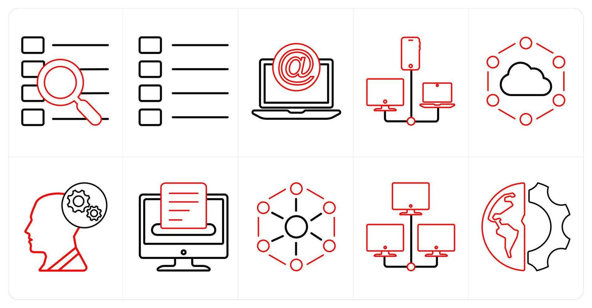 A set of 10 mix icons as search menu, nav menu, mention in red line color vector