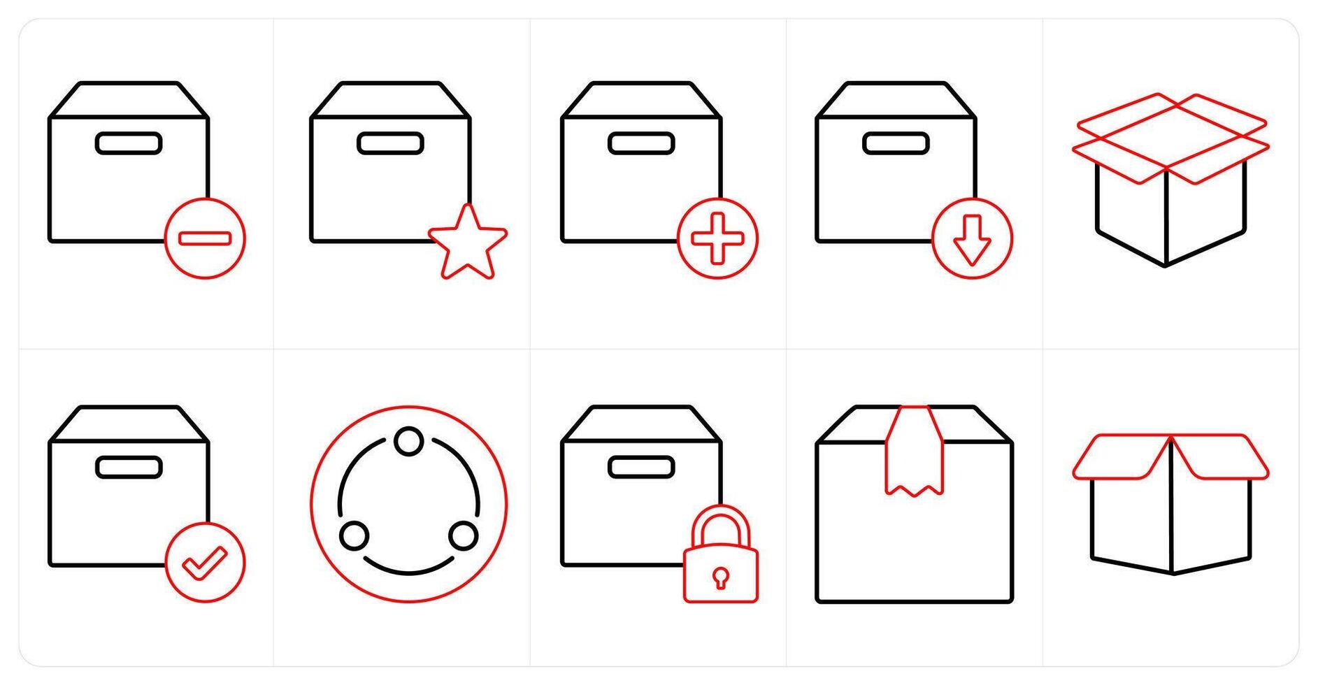 A set of 10 mix icons as remove box, favorite box, add box in red line color vector
