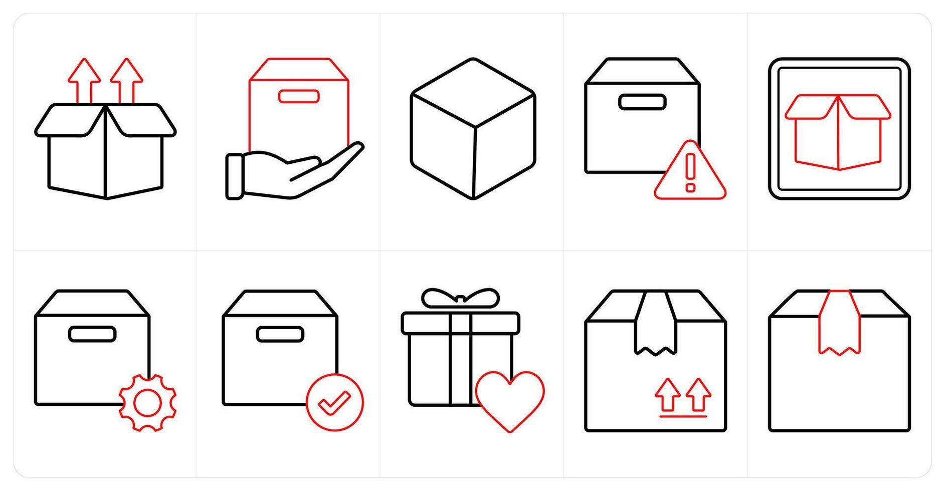 A set of 10 mix icons as upload box, foward parcel, box in red line color vector