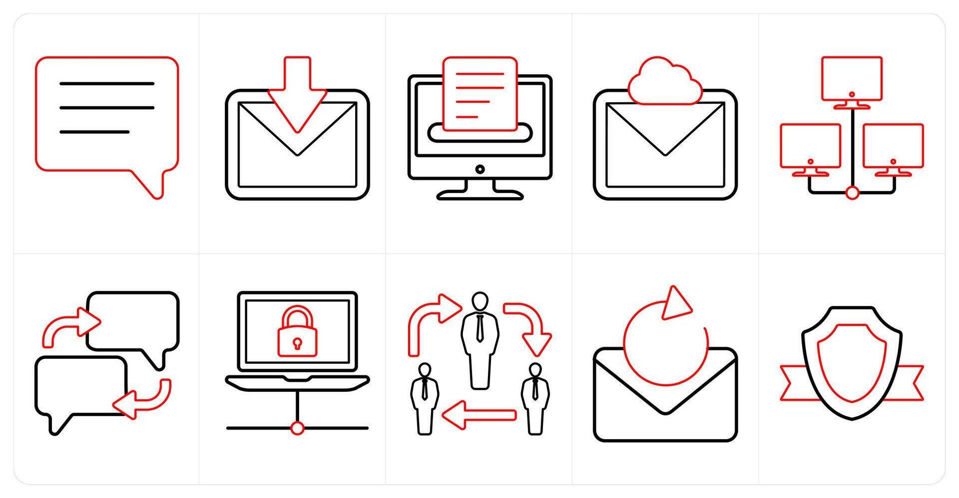 A set of 10 mix icons as chat, received mail, save in red line color vector