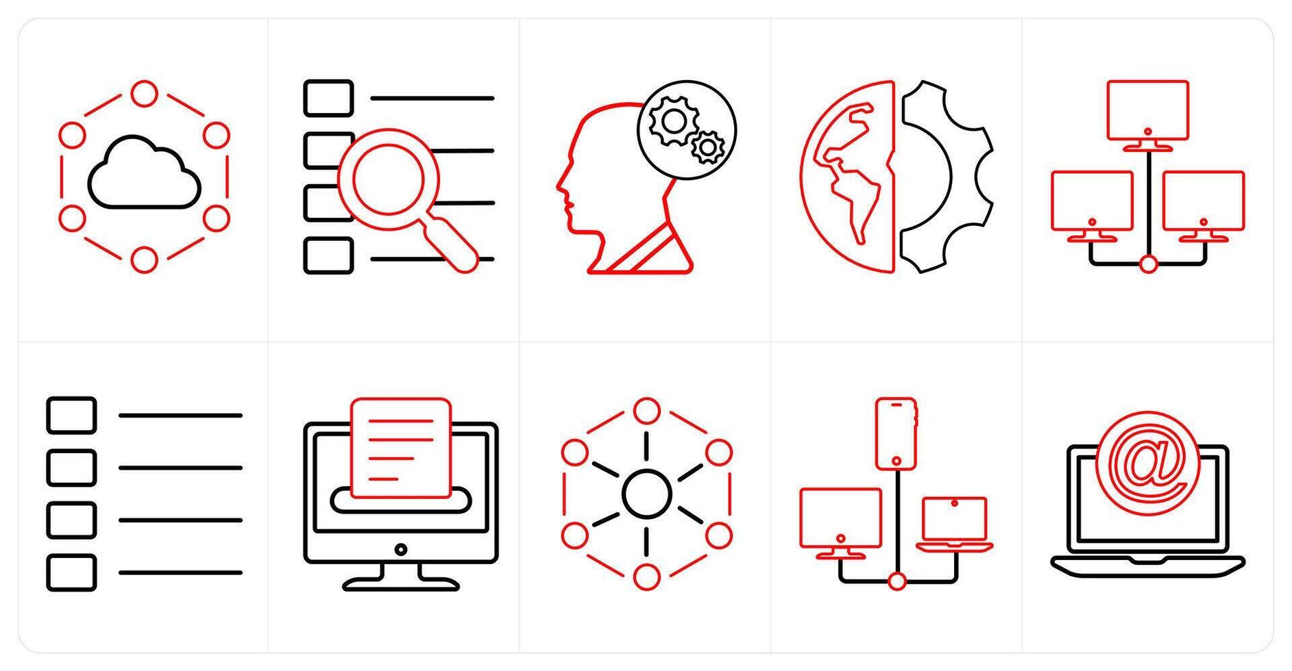 A set of 10 mix icons as cloud connection, search menu, optimization in red line color vector