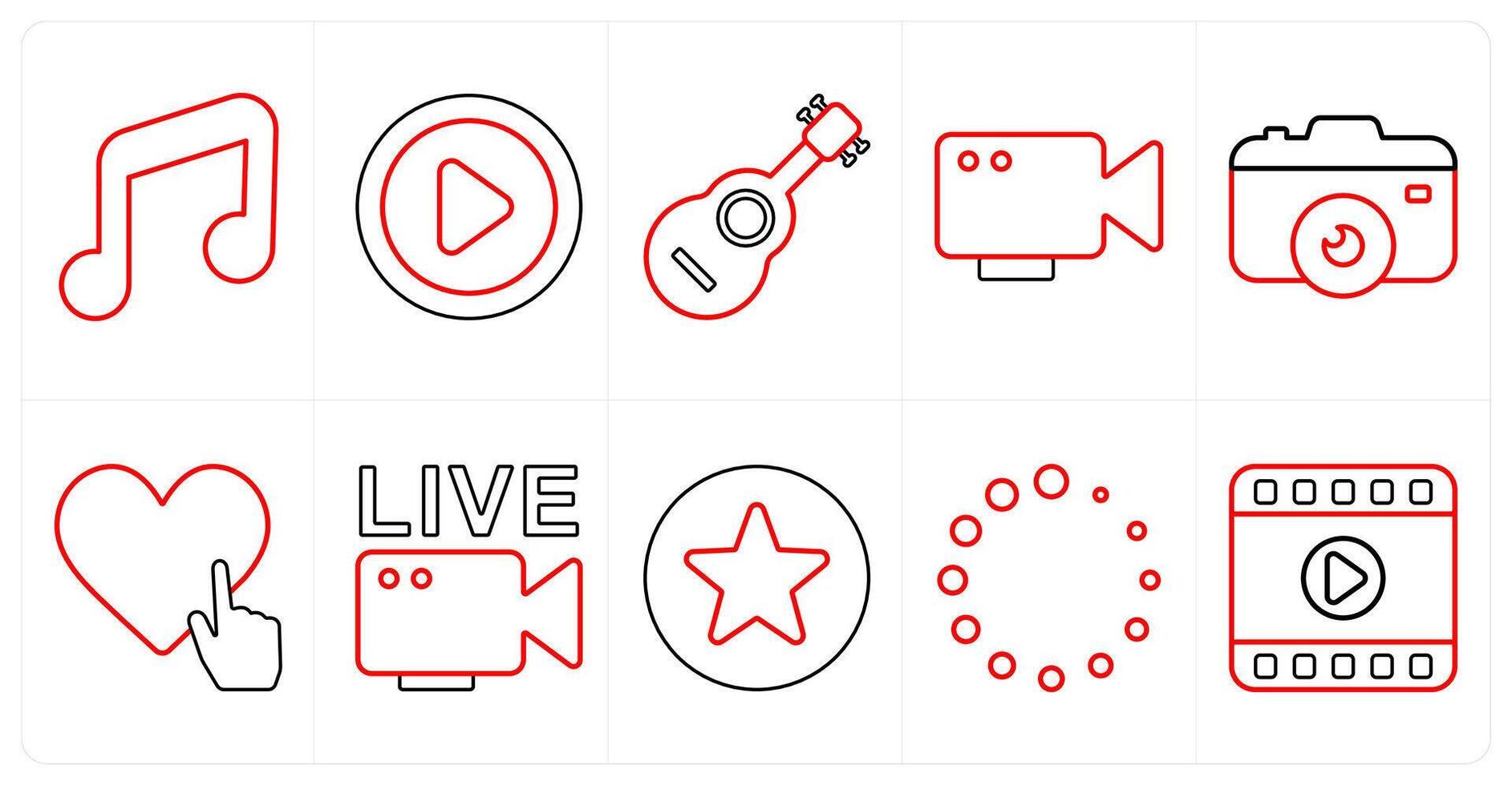 A set of 10 mix icons as music, play, guitar in red line color vector