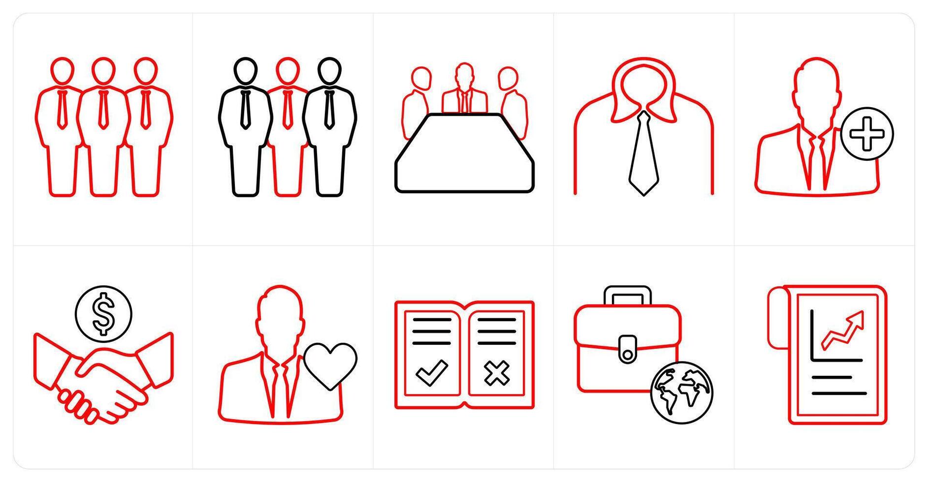 A set of 10 mix icons as businessman, team, meeting in red line color vector