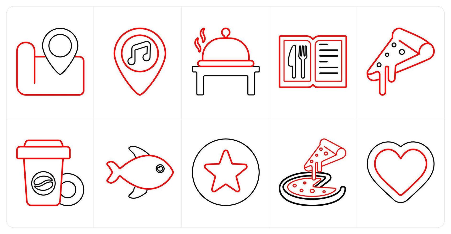 A set of 10 mix icons as location, bar location, cook in red line color vector